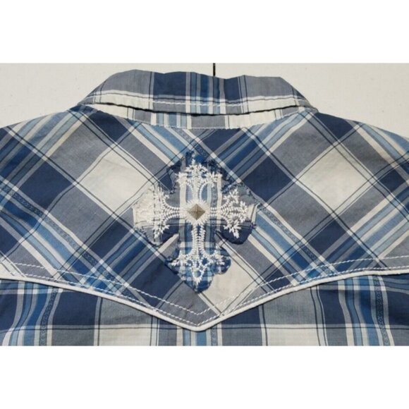 Buckle Black Long Sleeve Pyramid Snap Blue Plaid Slim Fit Shirt Men's Size Small - Picture 11 of 13